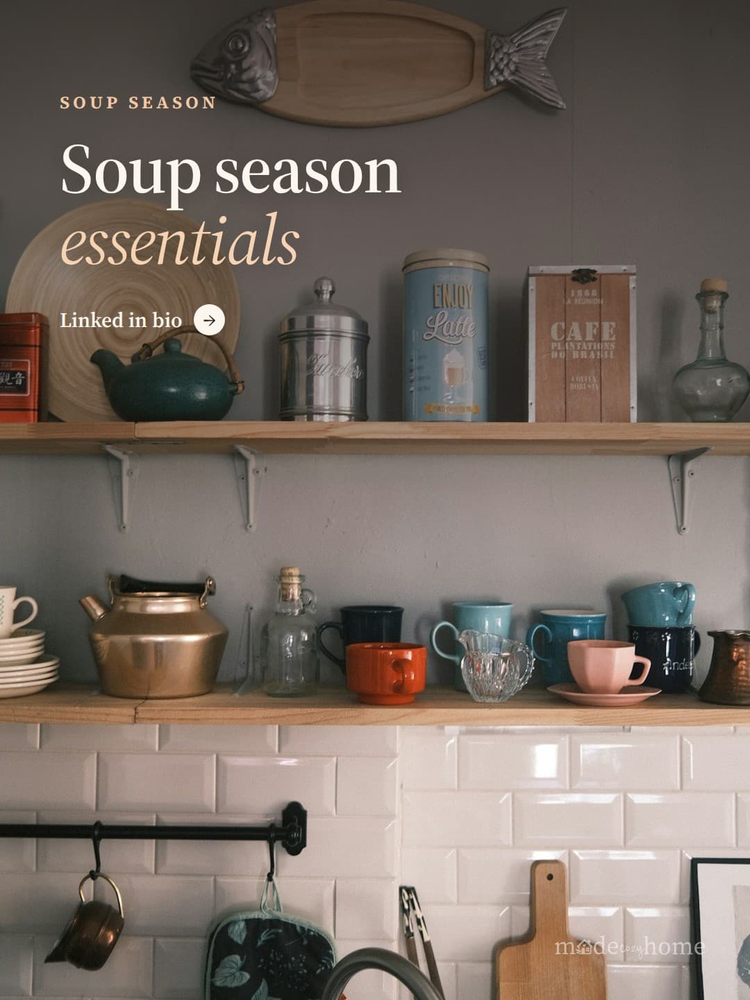 a kitchen with a shelf full of dishes an