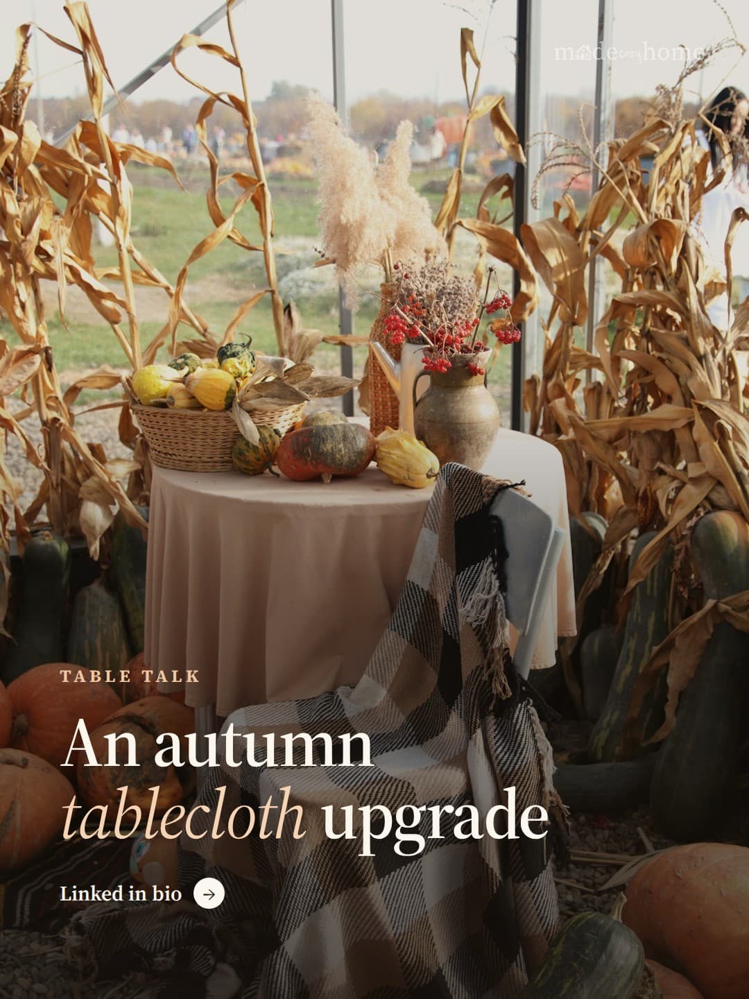 a table with a cloth and a basket of pum