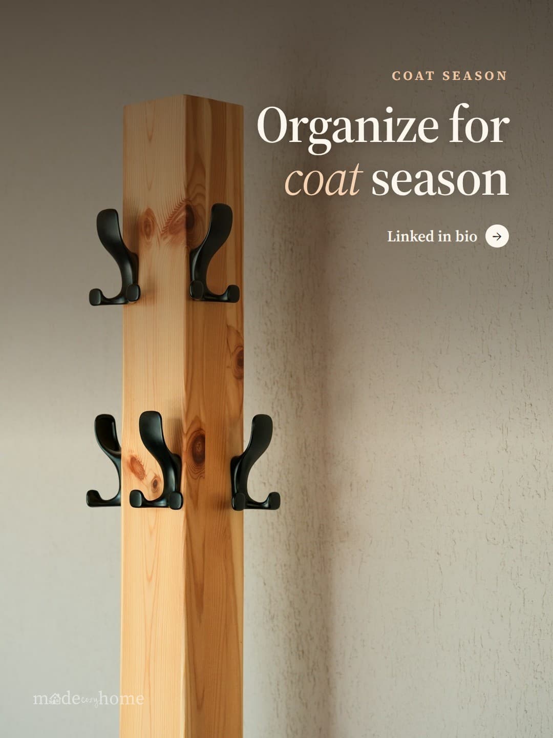 Modern wooden coat rack with black hooks
